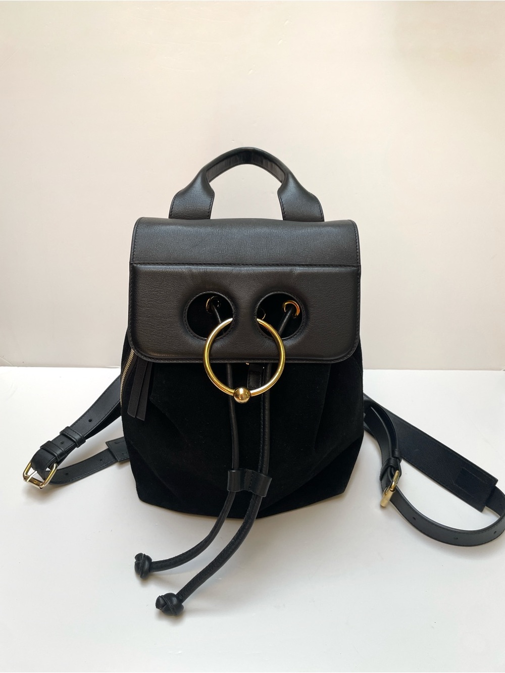 JW Anderson Pierce Backpack Black Leather & Suede with Gold Ring Accent